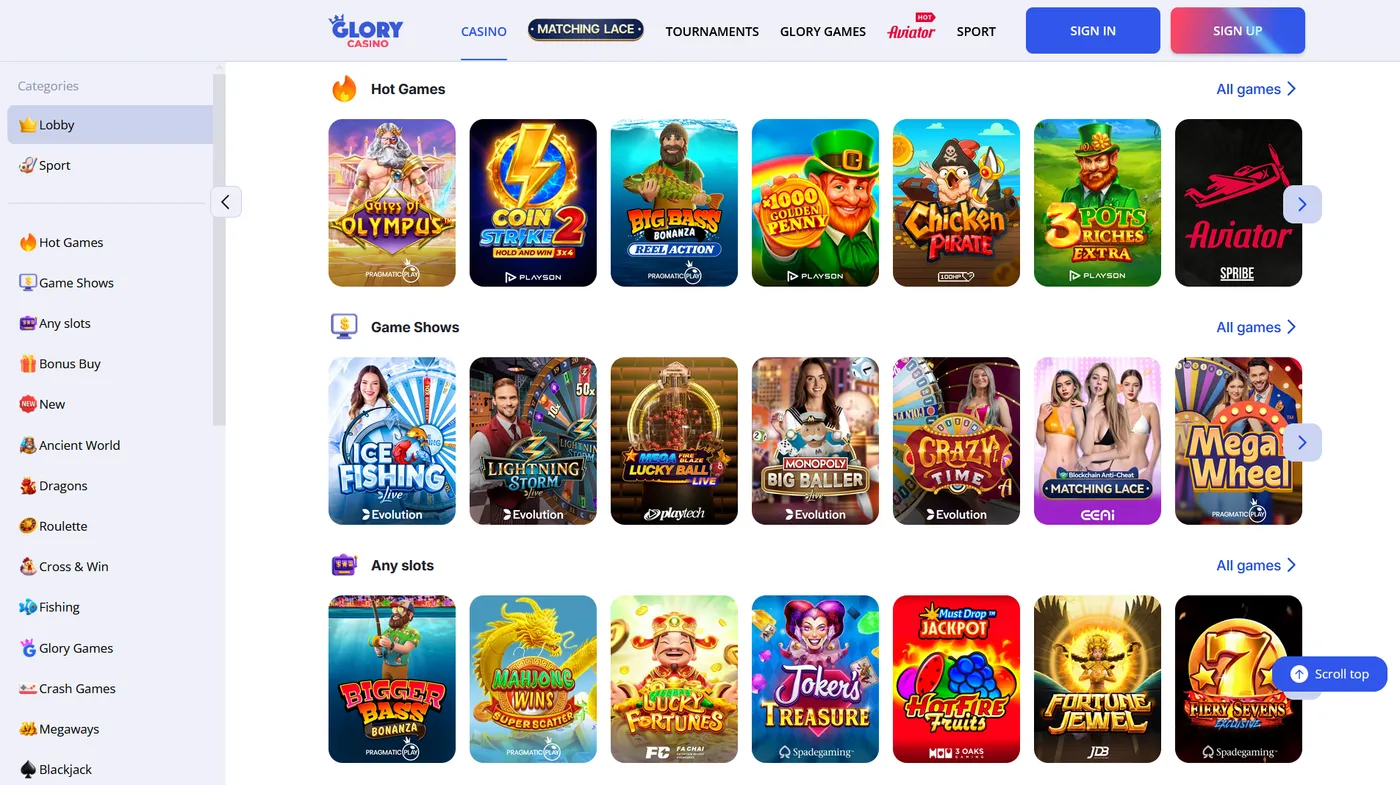 Glory Casino lobby with slots, live casino and crash games